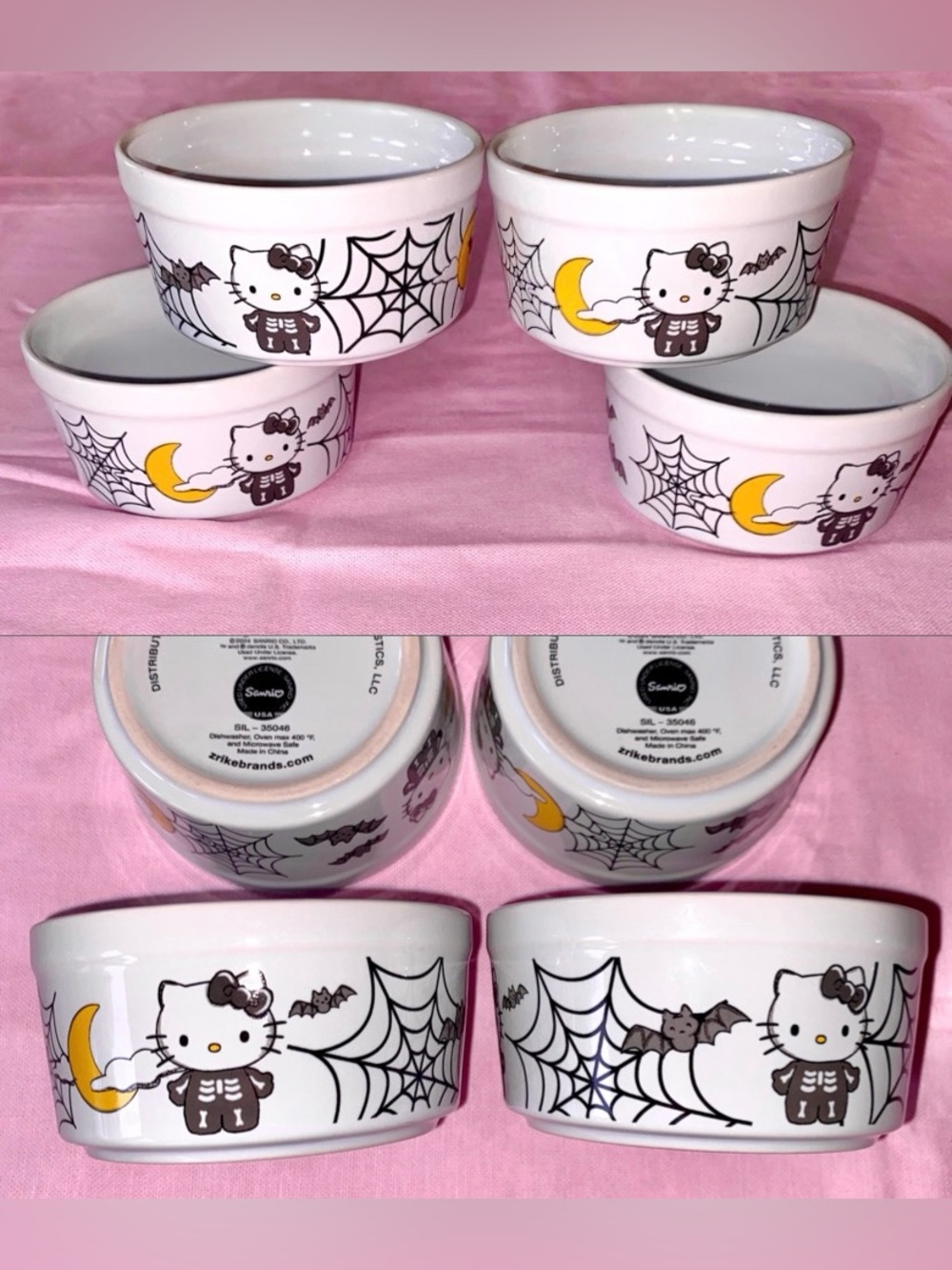 Hello Kitty Halloween Ceramic Ramekin Bowl Set Skeleton Moon Skull Spooky Spider
